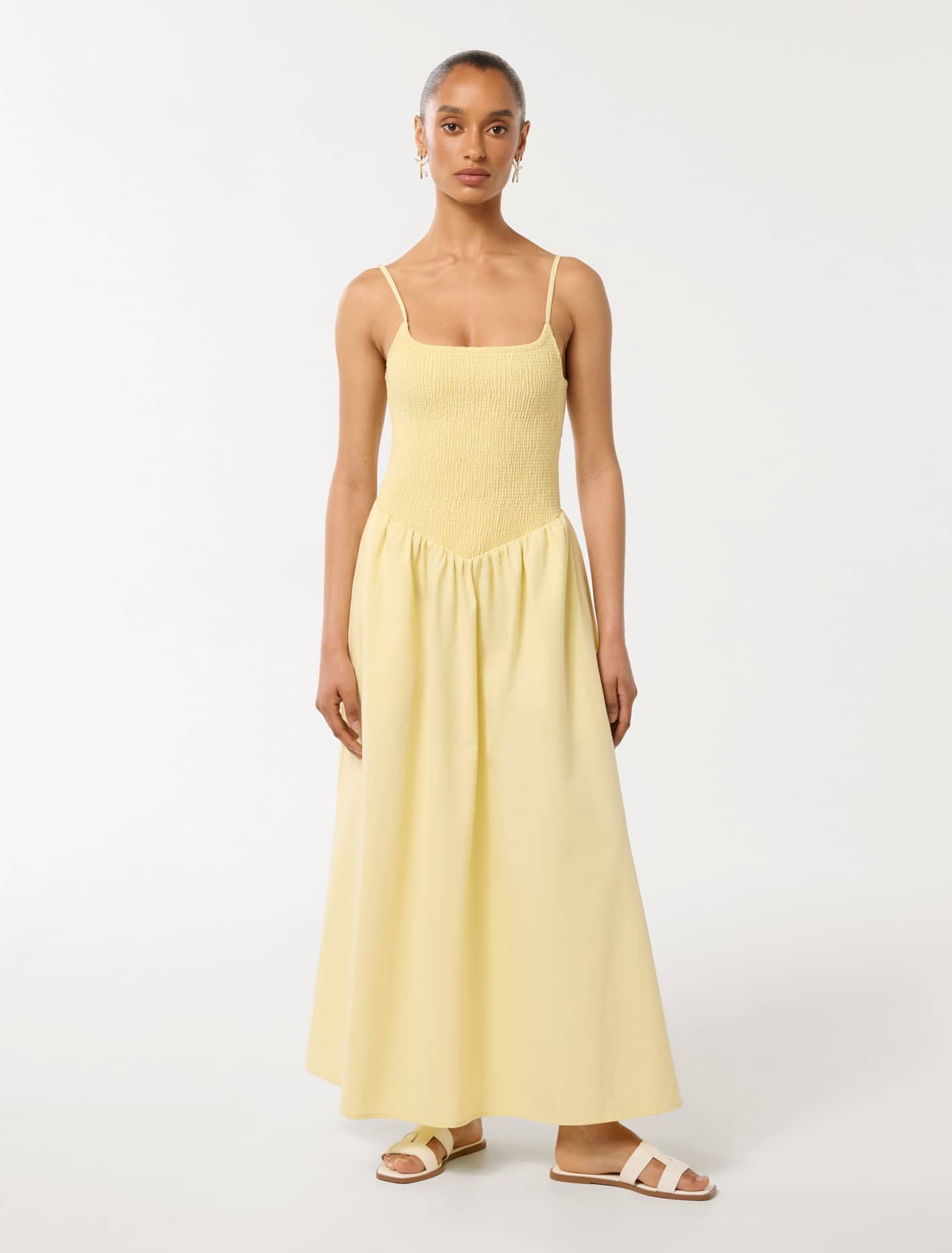 Dylan Petite Shirred Cotton Midi Dress Pastel Yellow