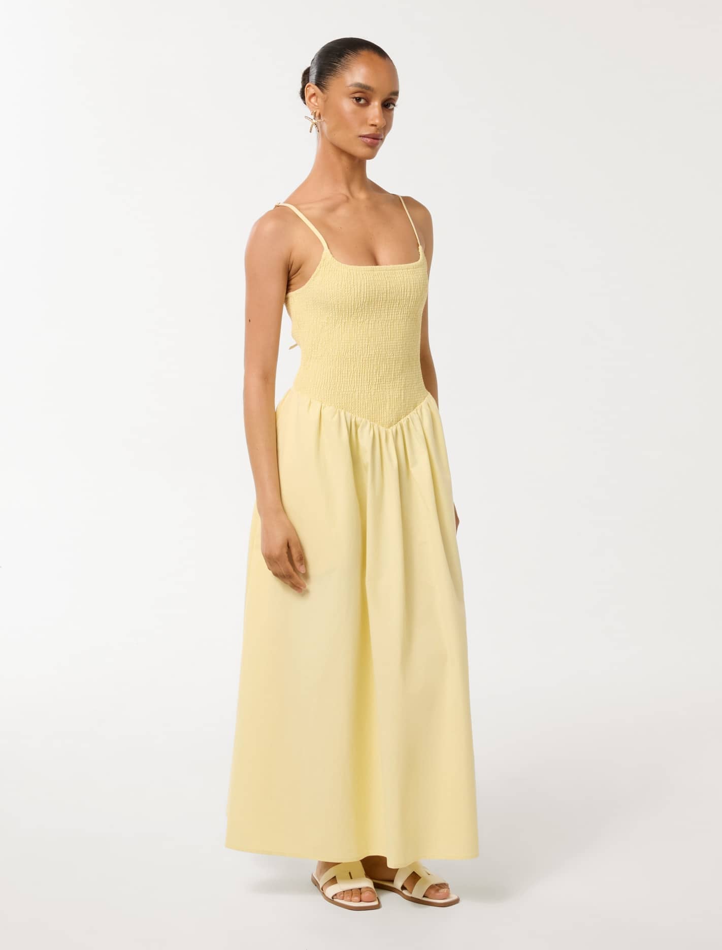 Dylan Petite Shirred Cotton Midi Dress Pastel Yellow