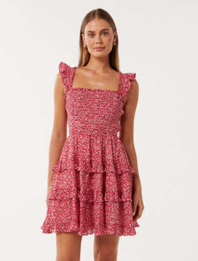 Odette Printed Cotton Mini Dress Red Park Ditsy