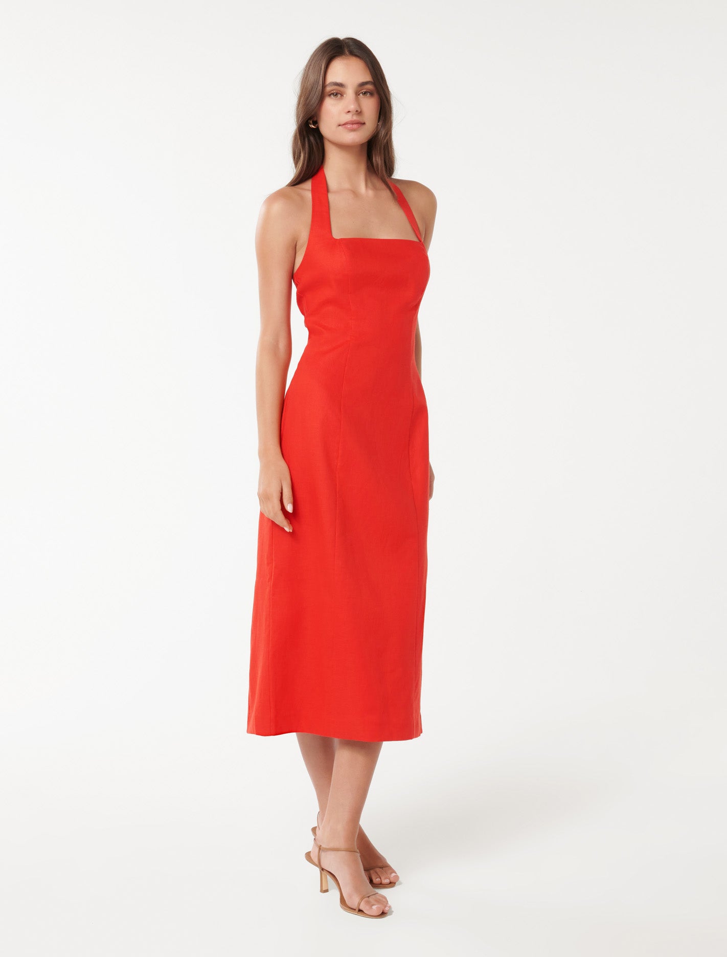 Anderson Halter Neck Linen Midi Flame Scarlet