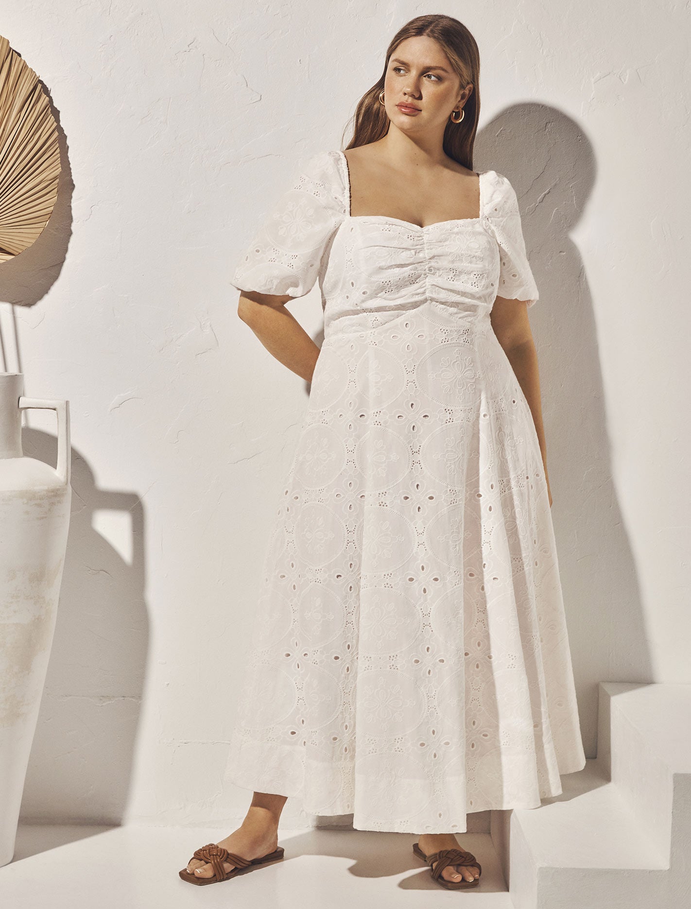 Bellona Curve Broderie Midi Dress Porcelain