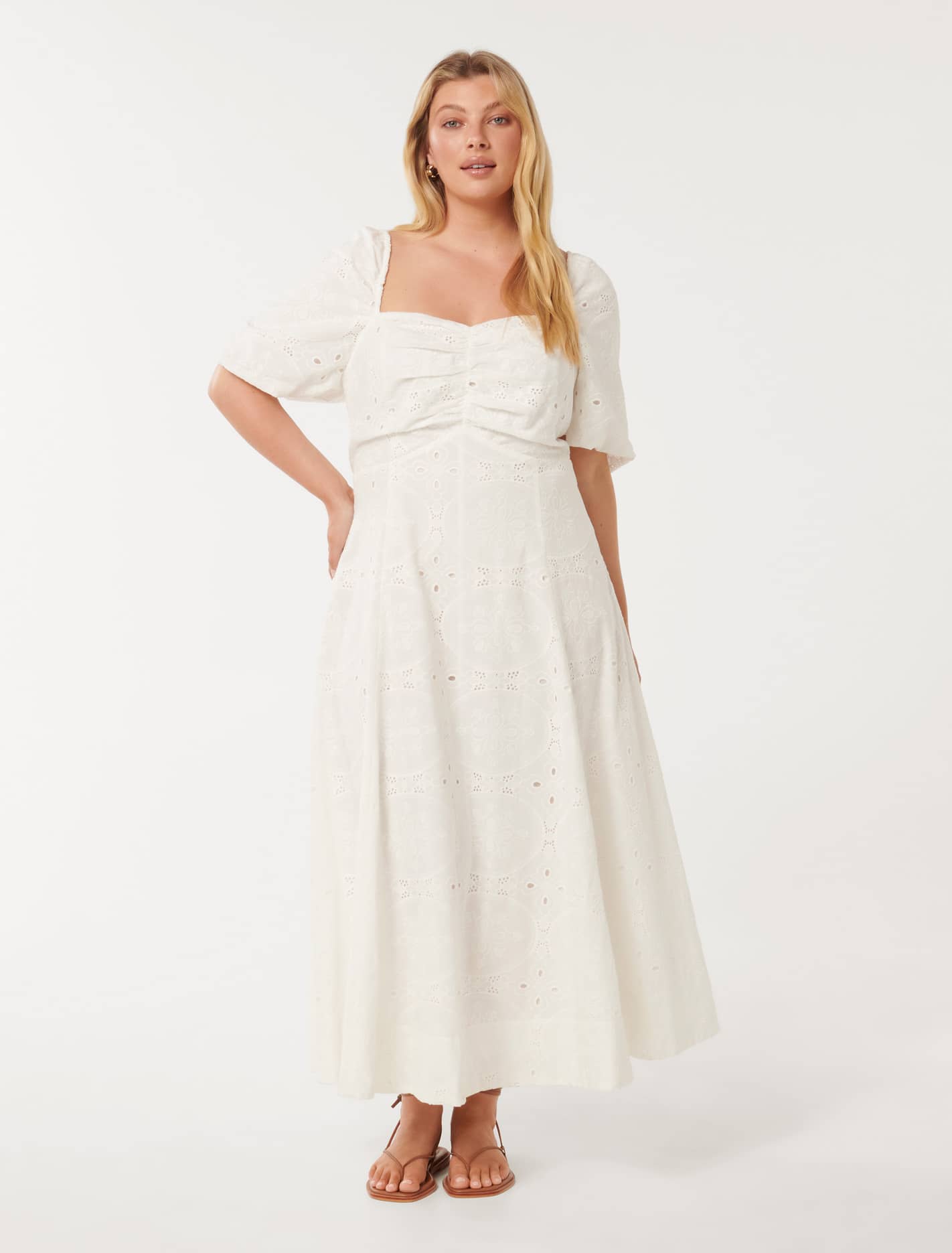Bellona Curve Broderie Midi Dress Porcelain