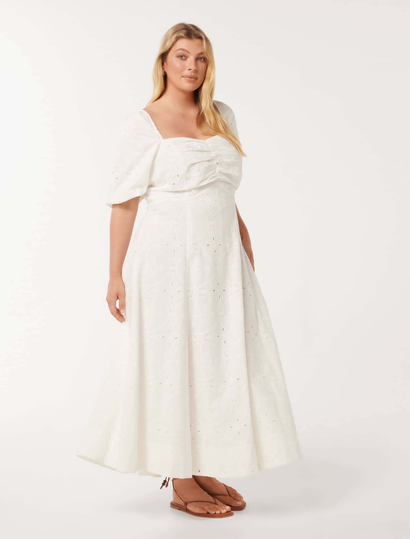 Bellona Curve Broderie Midi Dress Porcelain