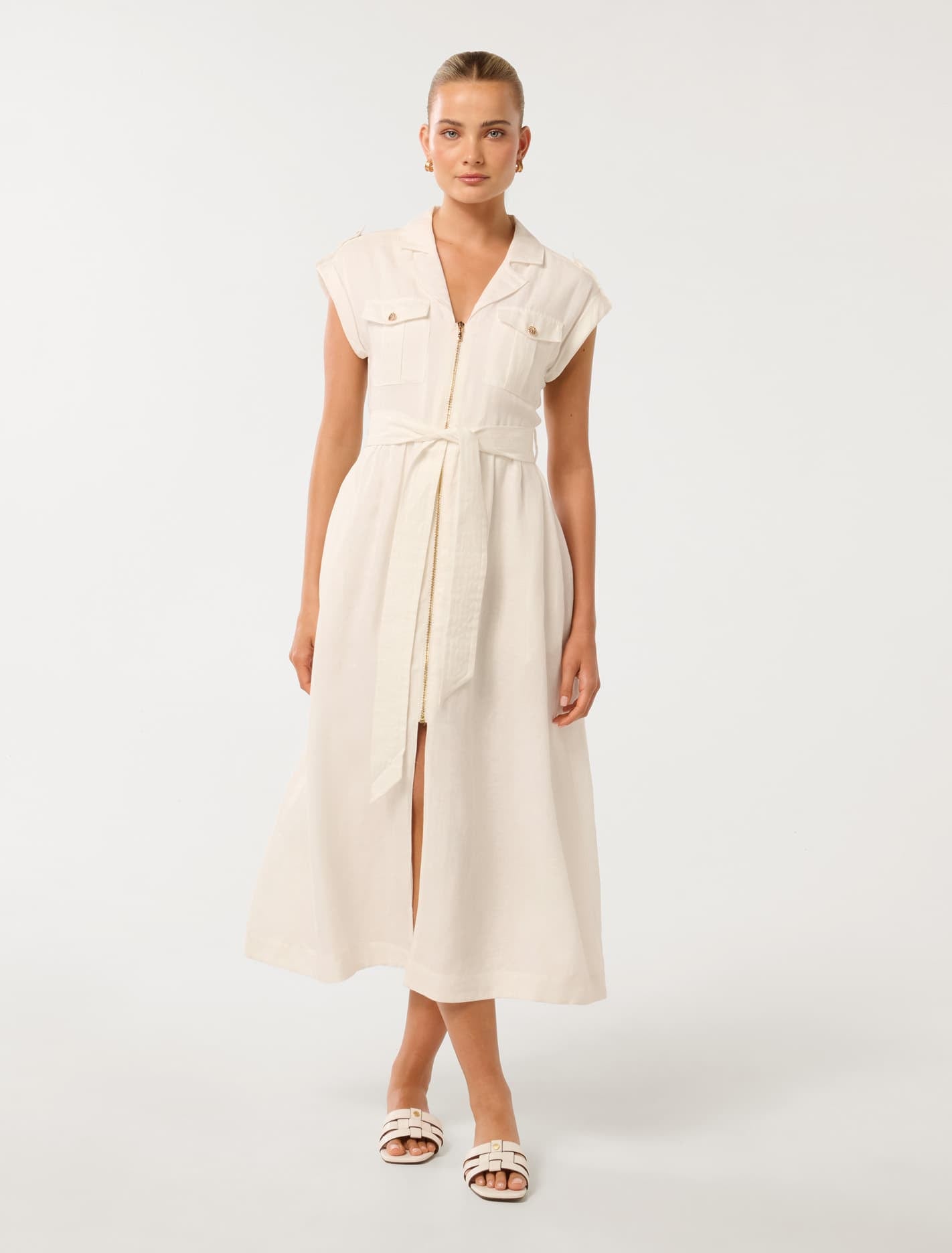 Alison Utility Linen Midi Dress Porcelain