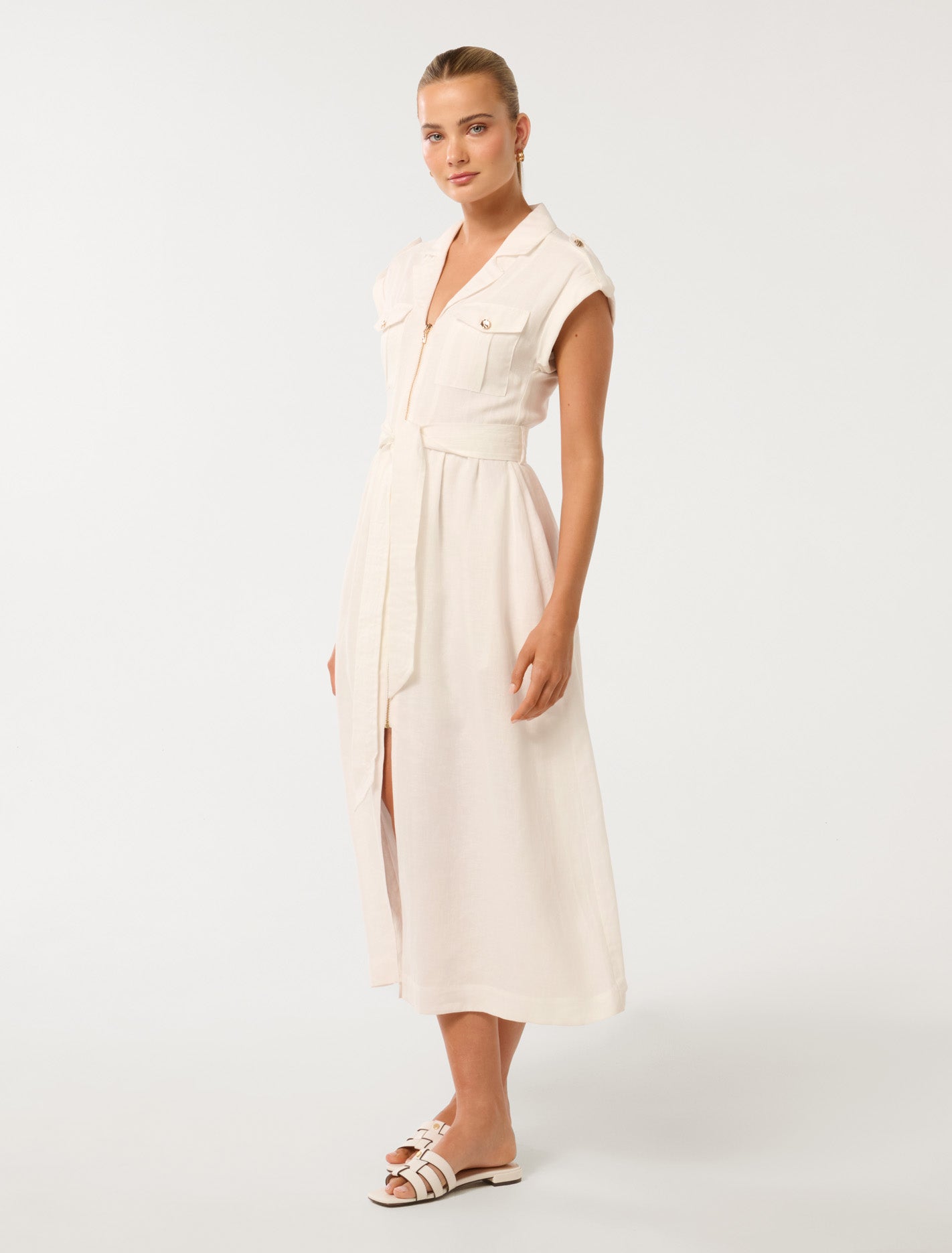Alison Utility Linen Midi Dress Porcelain