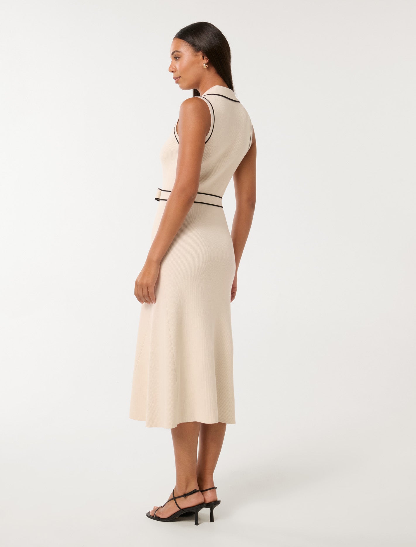 Adeline Sleeveless Knit Midi Dress Cream Tipped