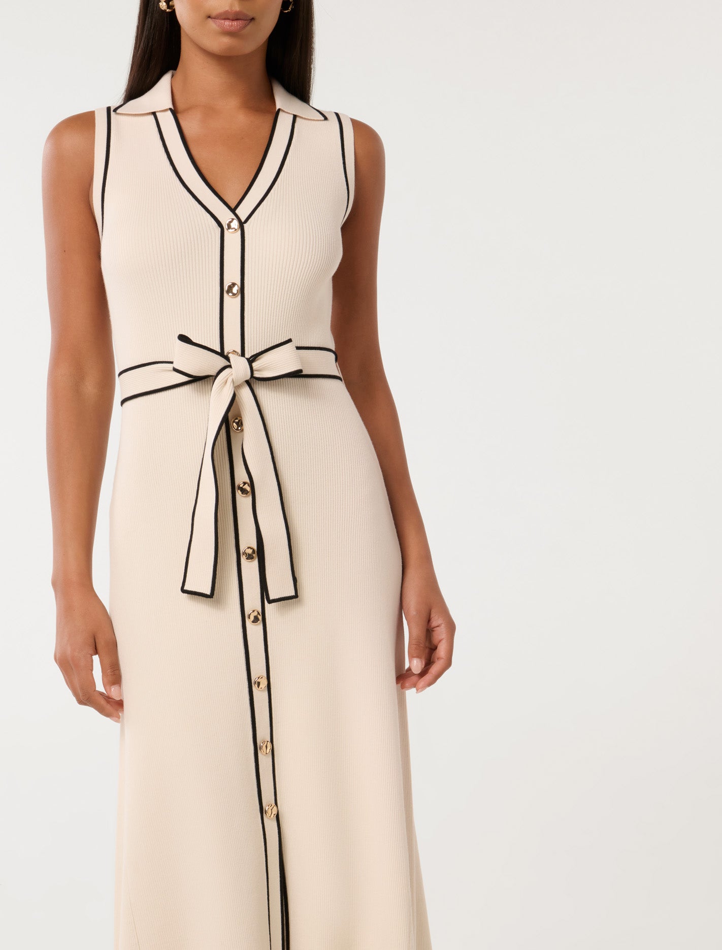 Adeline Sleeveless Knit Midi Dress Cream Tipped