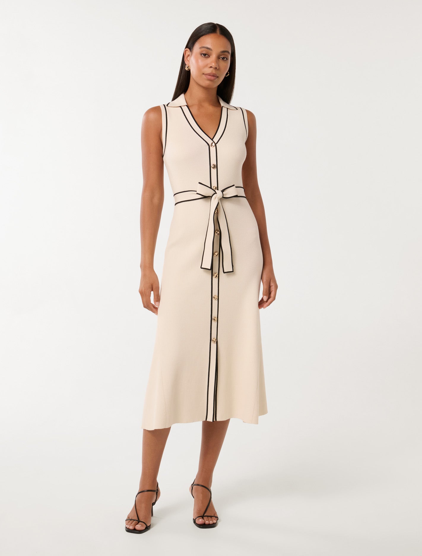 Adeline Sleeveless Knit Midi Dress Cream Tipped