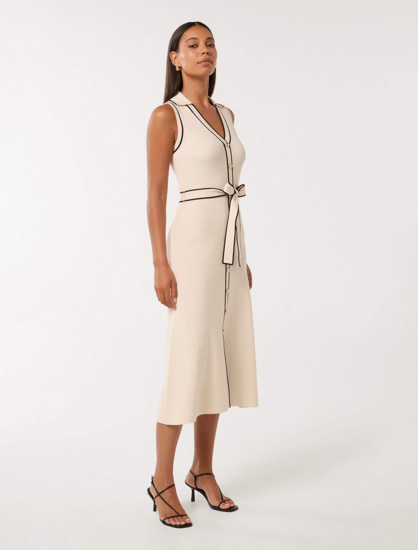 Adeline Sleeveless Knit Midi Dress Cream Tipped