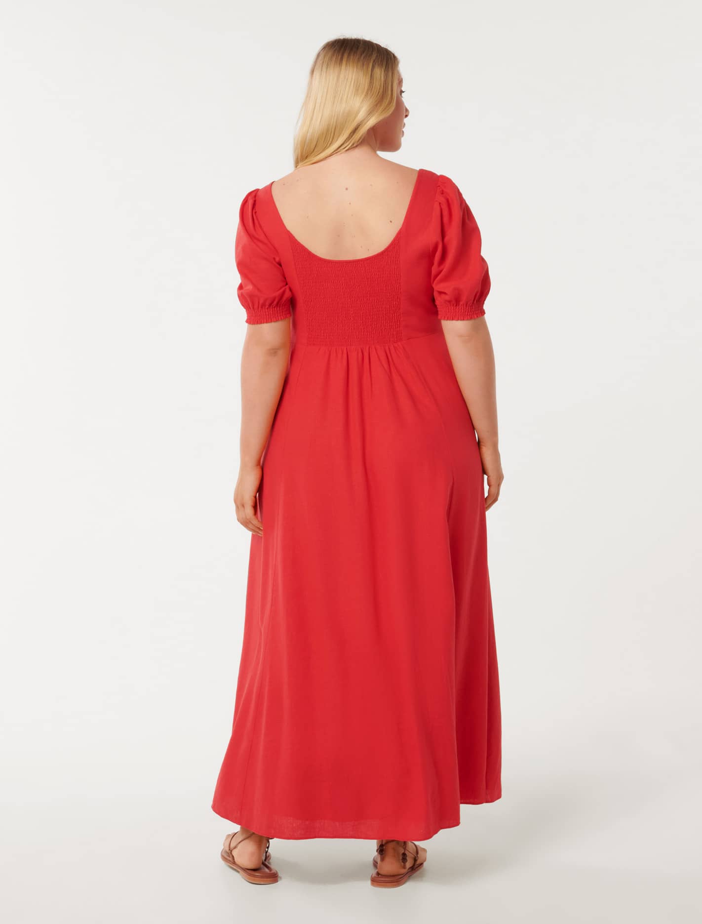Tori Curve Puff-Sleeve Linen Midi Dress Heirloom Tomato