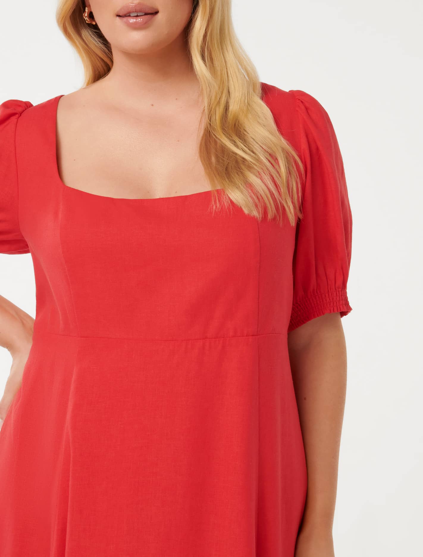 Tori Curve Puff-Sleeve Linen Midi Dress Heirloom Tomato