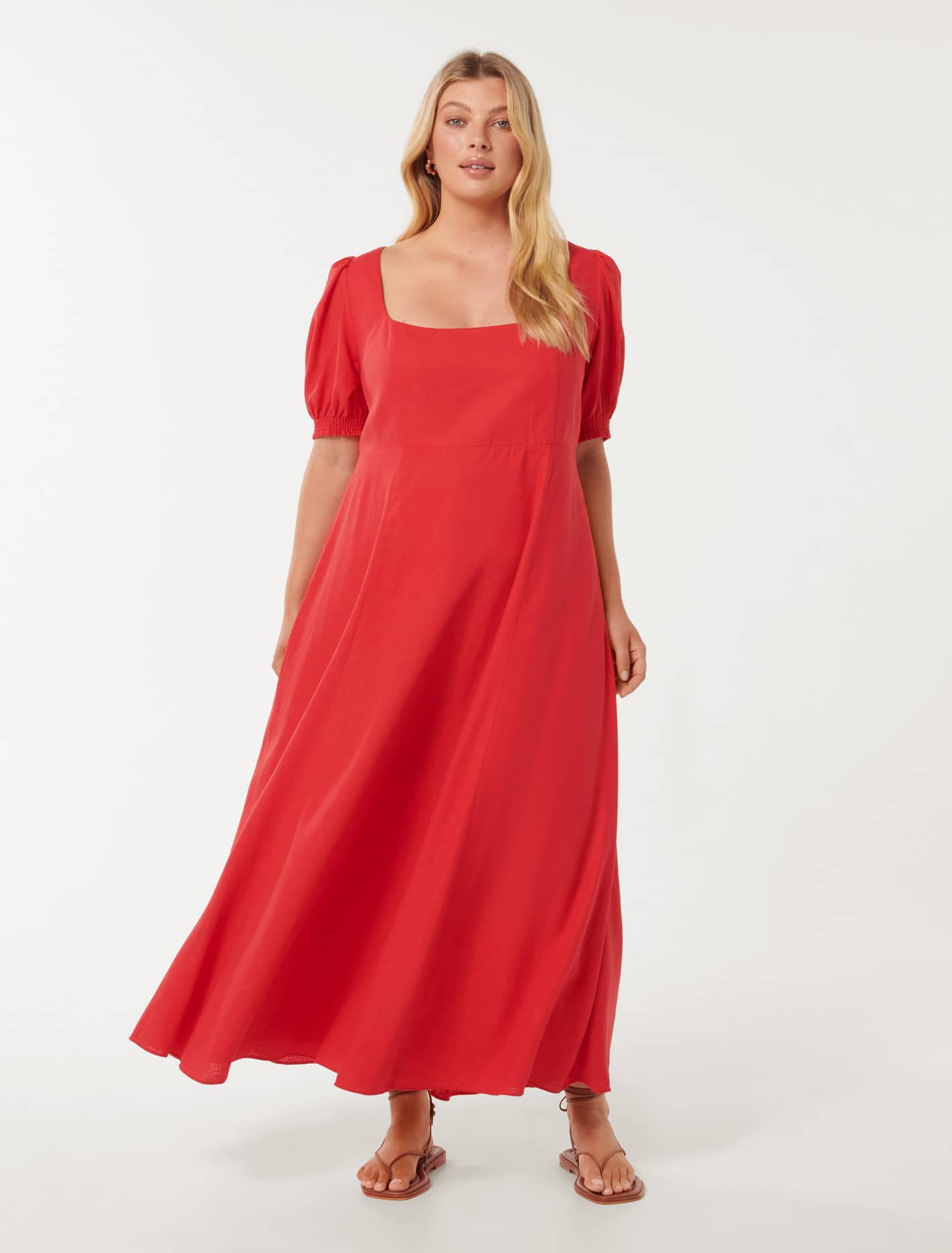 Tori Curve Puff-Sleeve Linen Midi Dress Heirloom Tomato