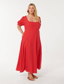 Tori Curve Puff-Sleeve Linen Midi Dress Heirloom Tomato