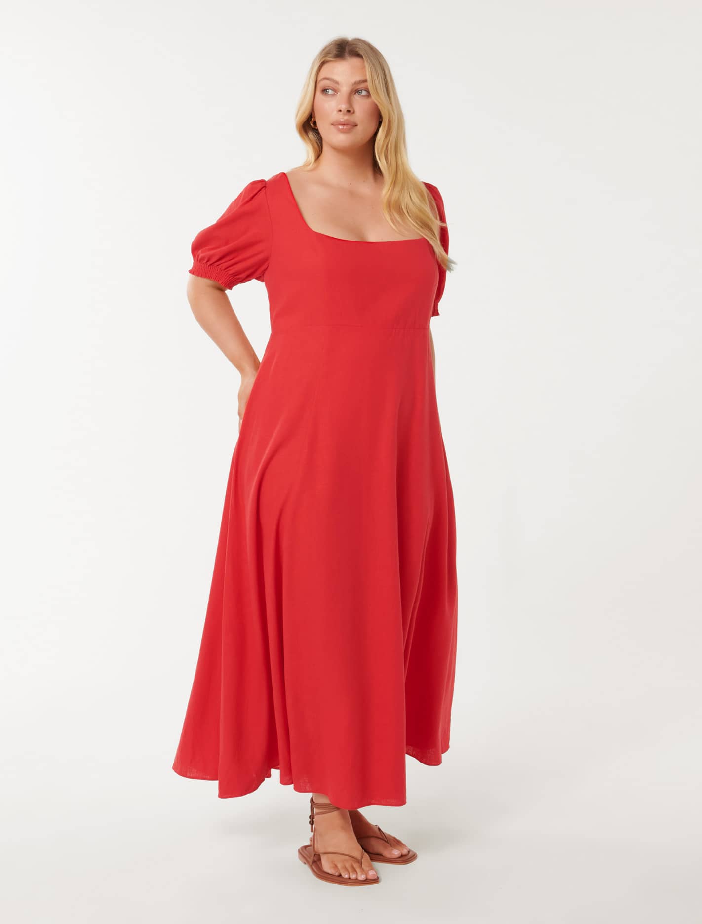 Tori Curve Puff-Sleeve Linen Midi Dress Heirloom Tomato