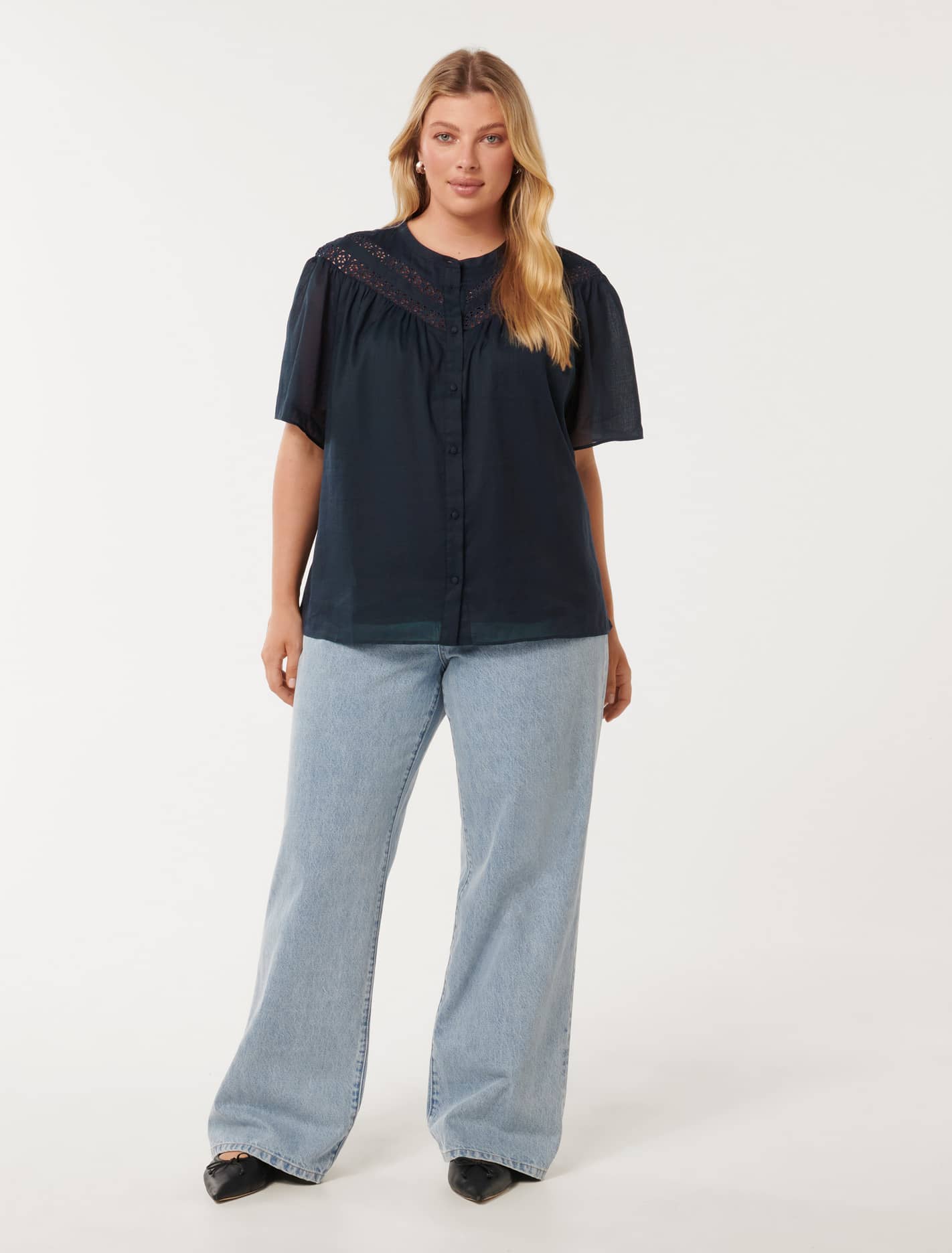 Luka Curve Trim-Detail Blouse Navy