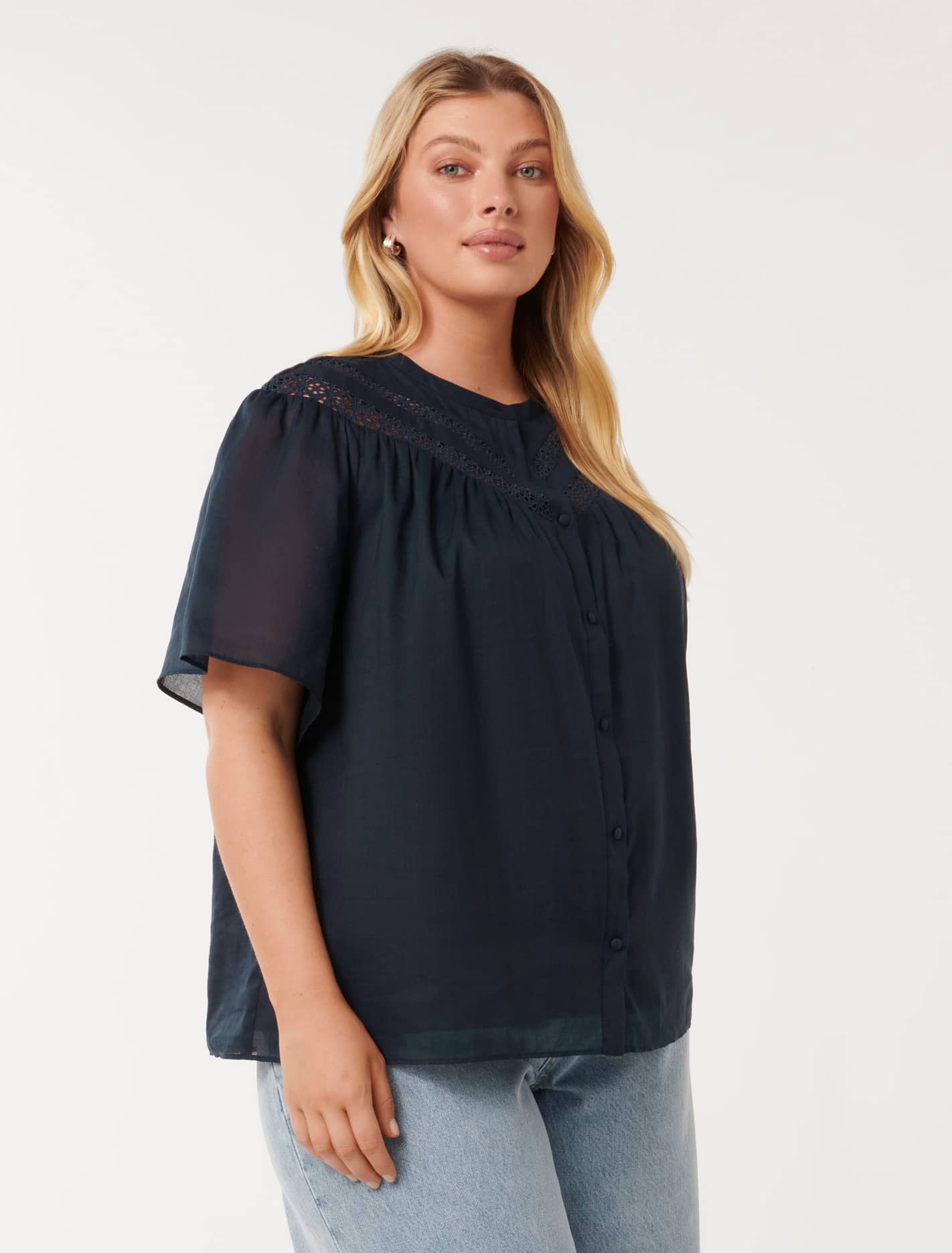 Luka Curve Trim-Detail Blouse Navy