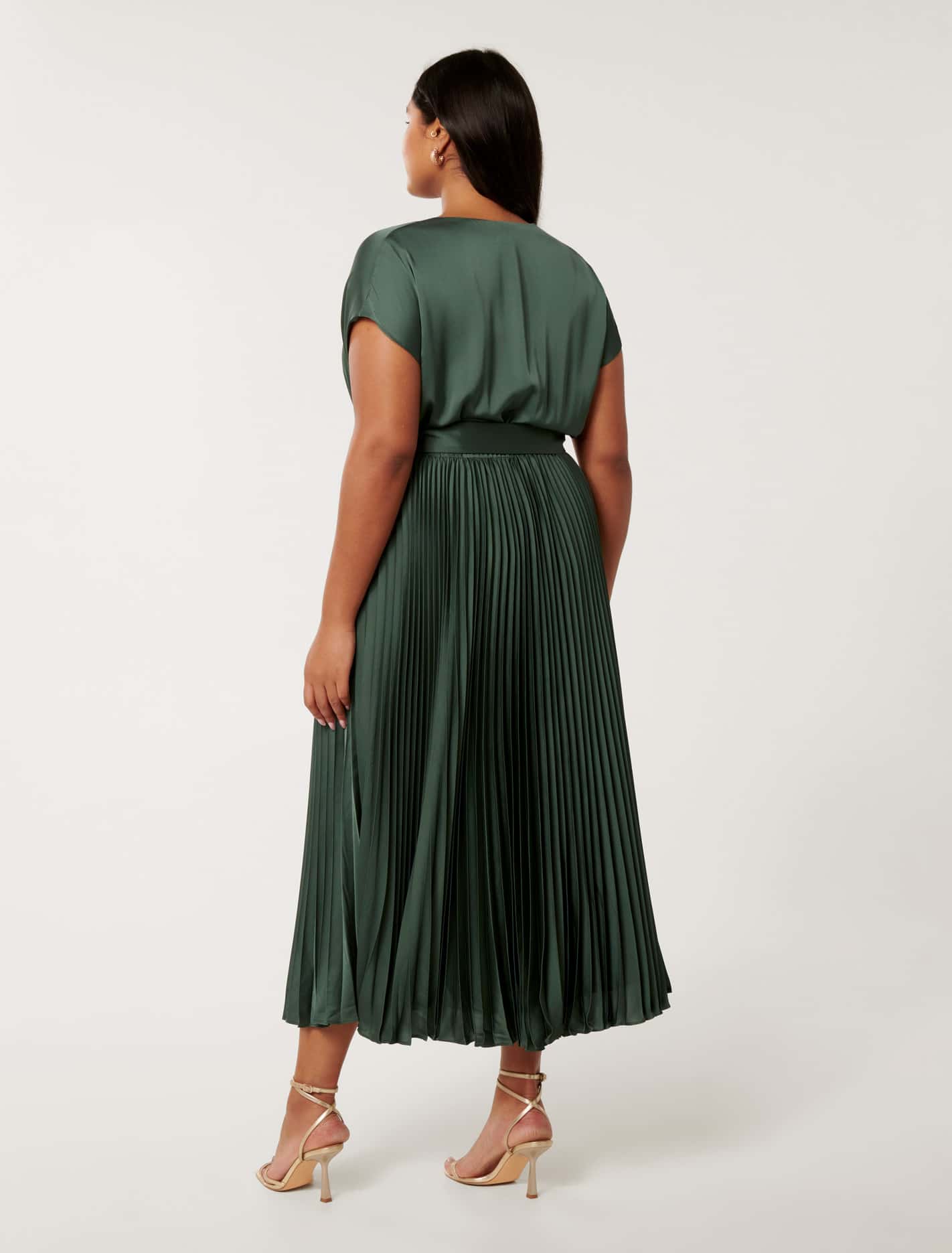 Catherine Curve Satin Pleated Midi Dark Forest