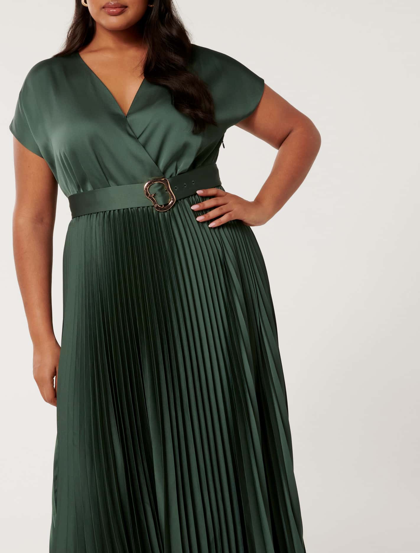 Catherine Curve Satin Pleated Midi Dark Forest
