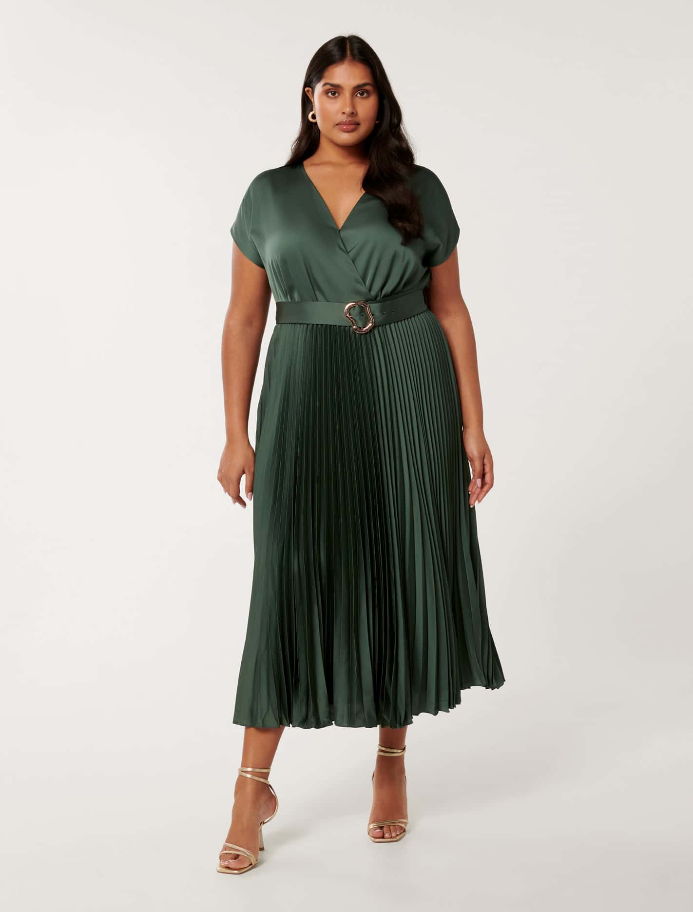 Catherine Curve Satin Pleated Midi Dark Forest