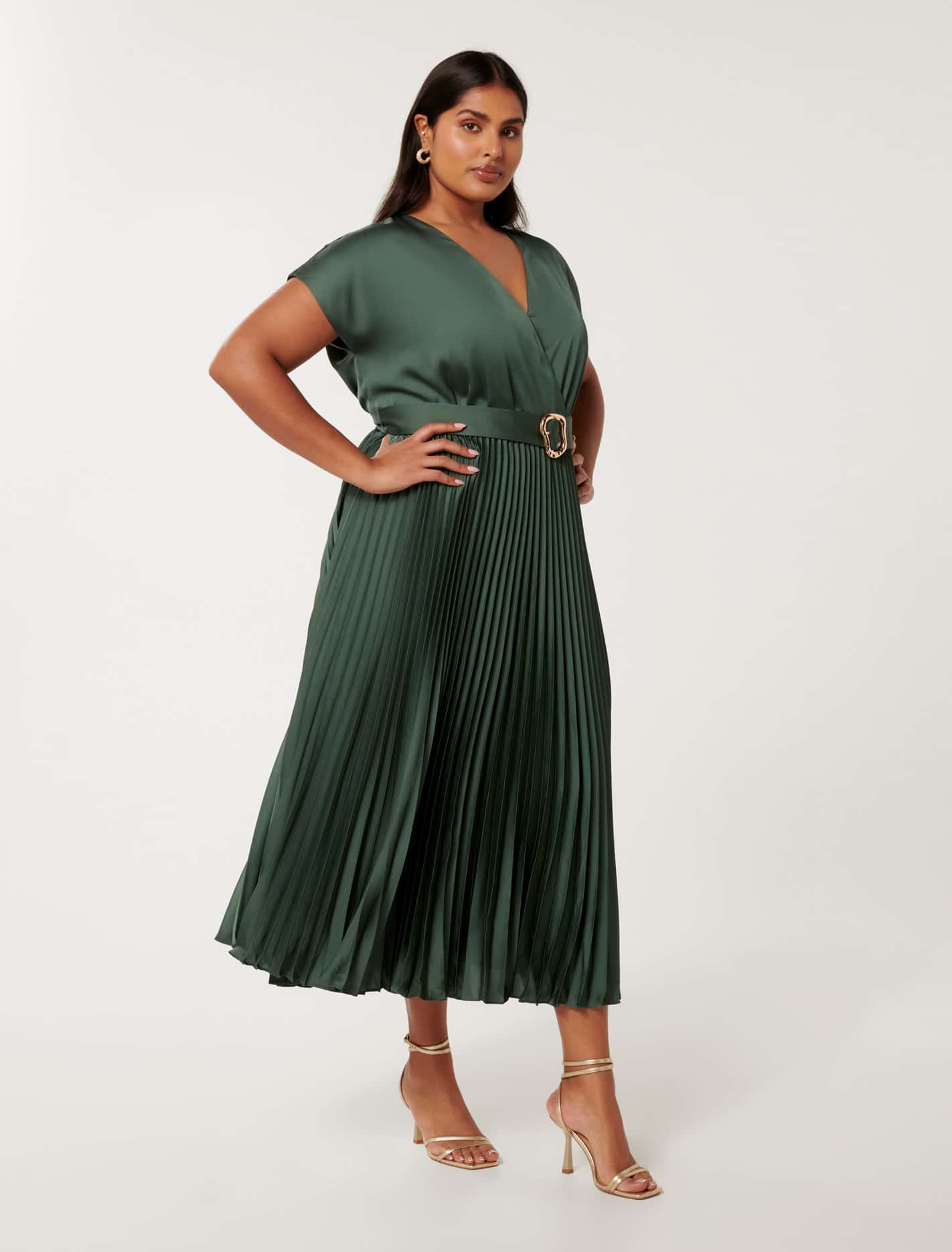 Catherine Curve Satin Pleated Midi Dark Forest