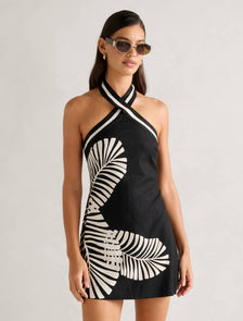 Adore Halter Neck Linen Mini Dress Paros Palm