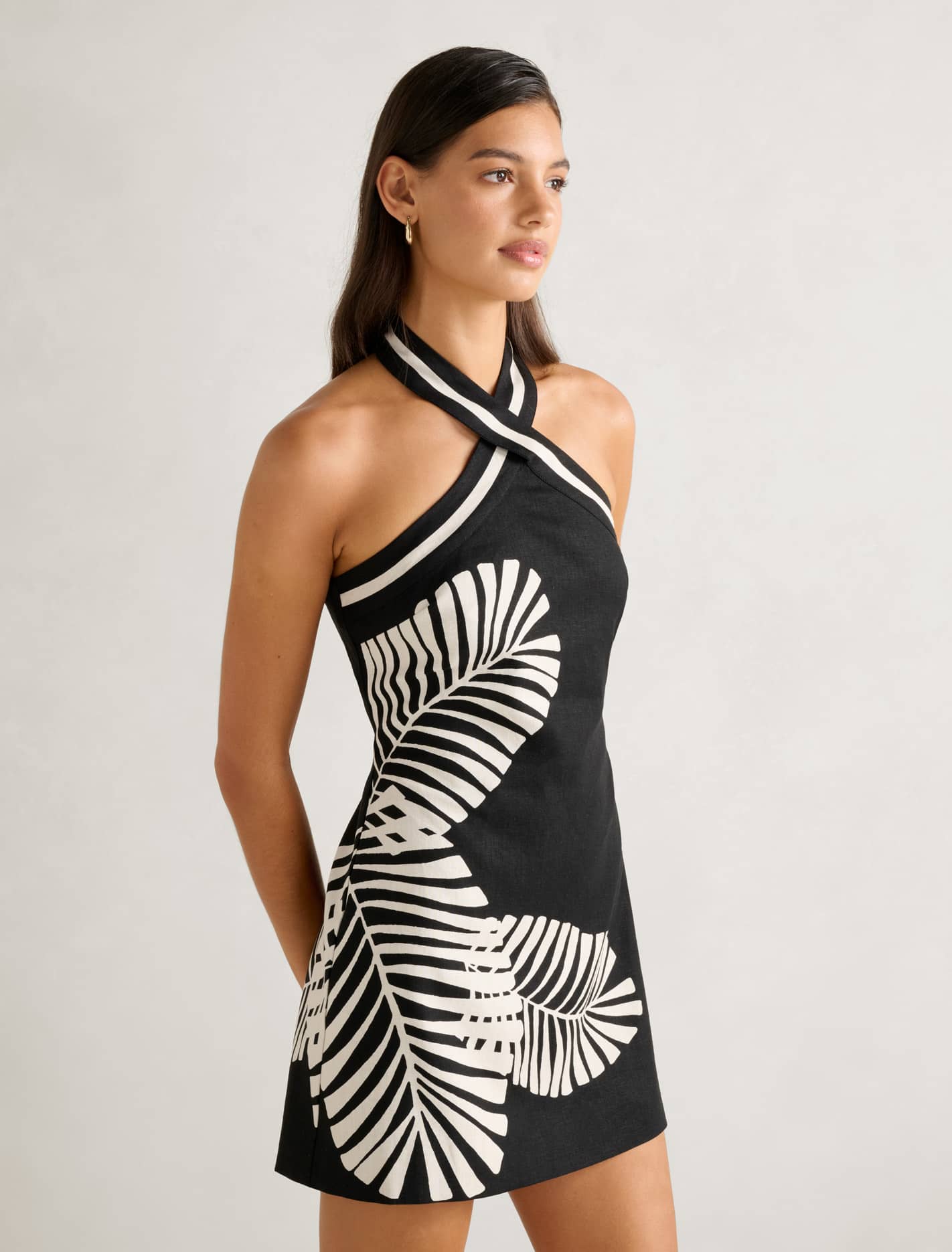 Adore Halter Neck Linen Mini Dress Paros Palm