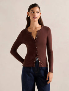 Bridie Wool Blend Button Top Rum Raisin