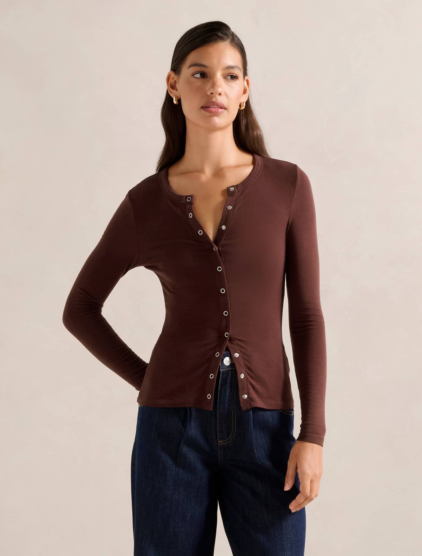 Bridie Wool Blend Button Top Rum Raisin