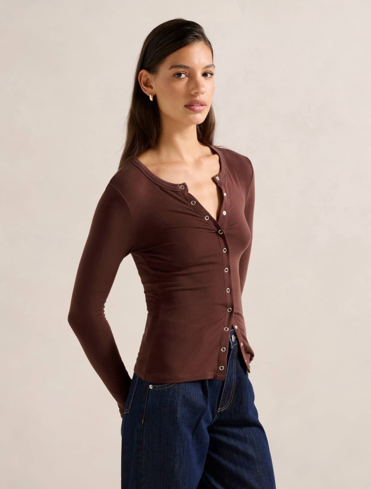 Bridie Wool Blend Button Top Rum Raisin