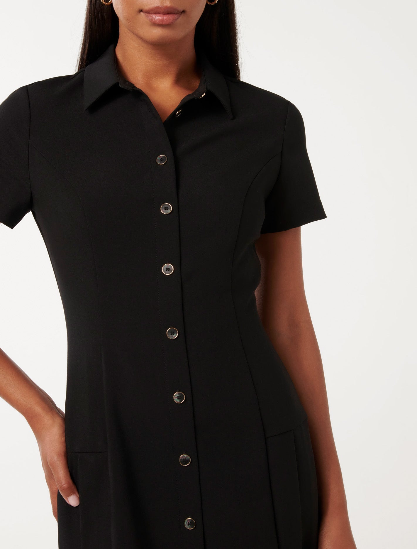 Winnie Pleated Button Down Mini Dress Black