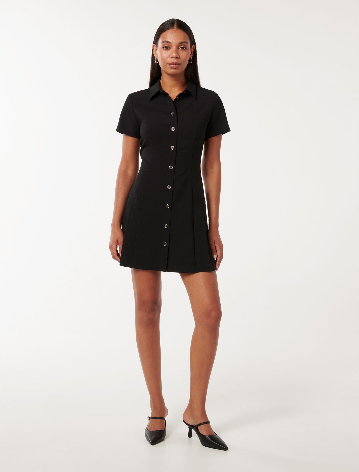 Winnie Pleated Button Down Mini Dress Black