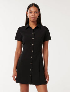 Winnie Pleated Button Down Mini Dress Black