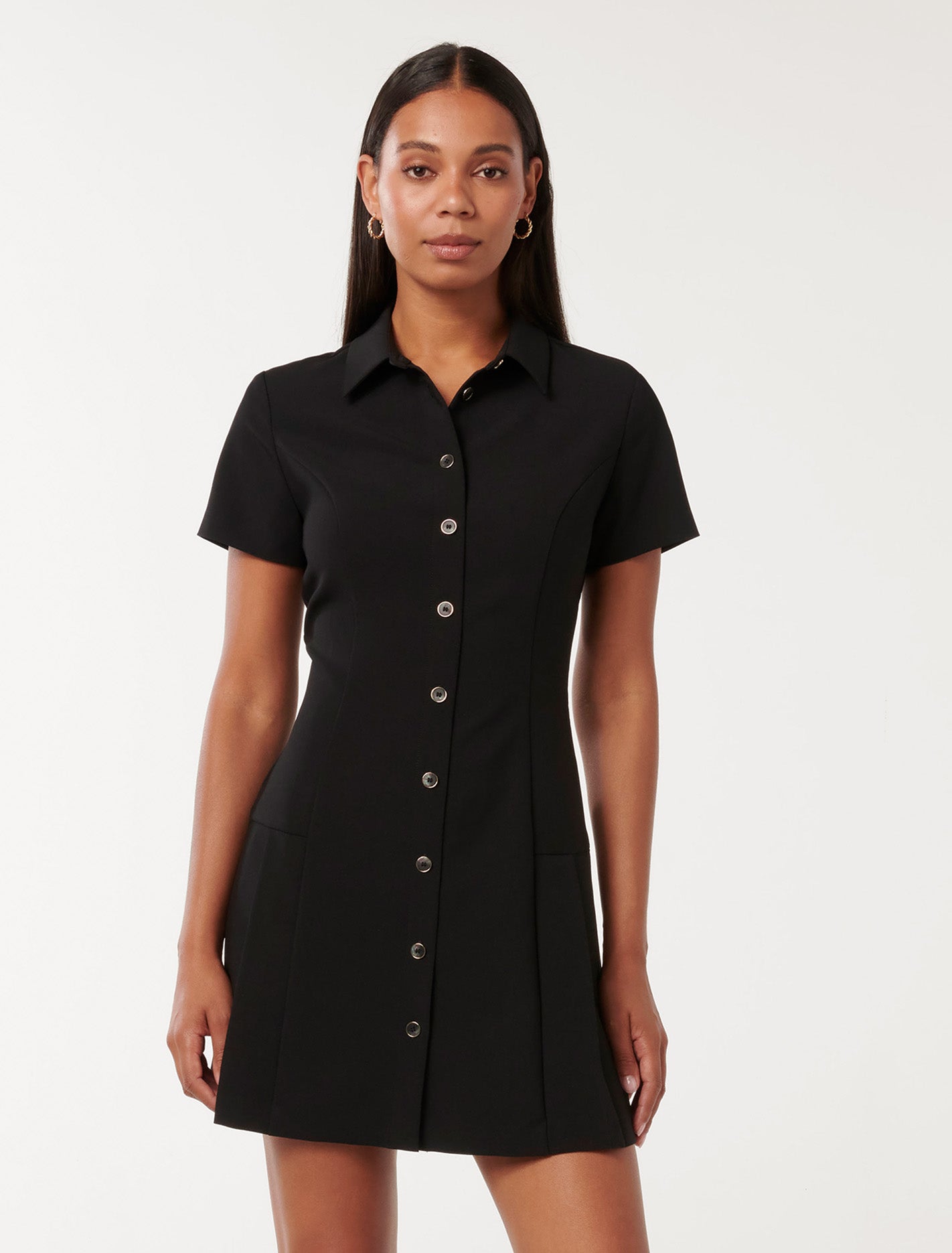 Winnie Pleated Button Down Mini Dress Black