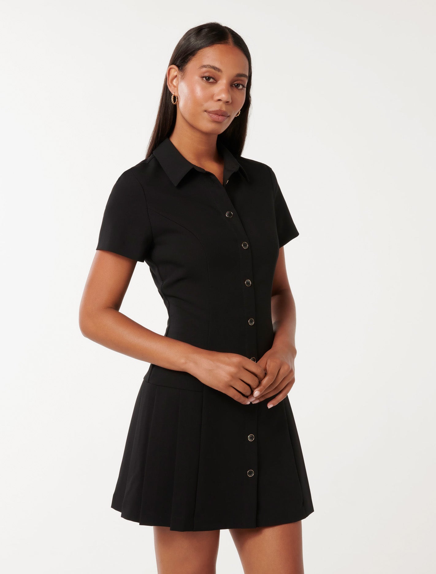 Winnie Pleated Button Down Mini Dress Black