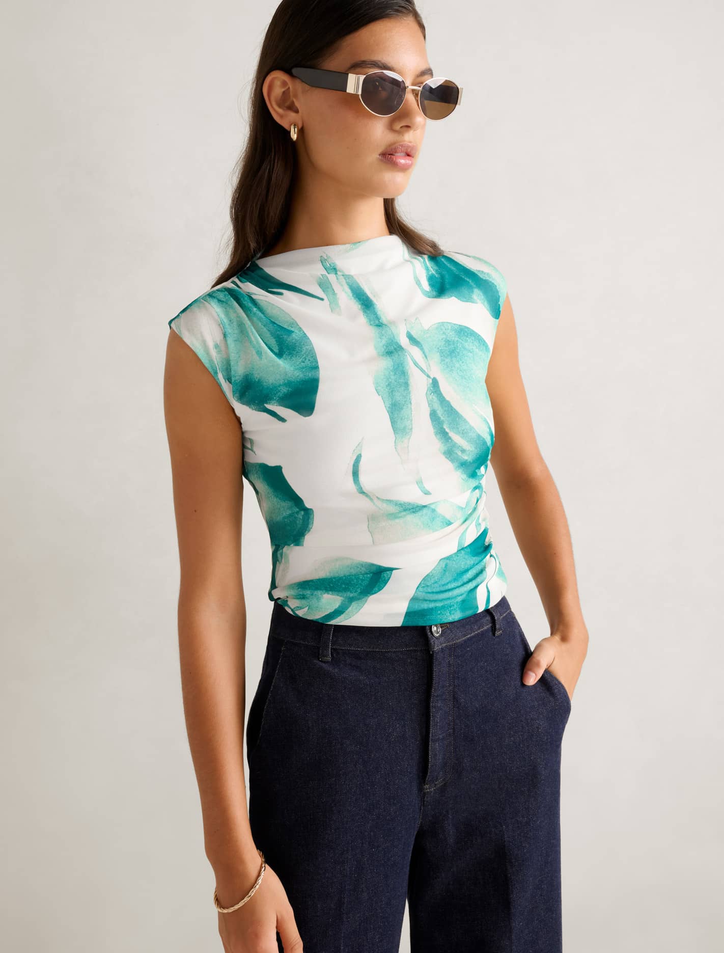 Mel Cap-Sleeve Mesh Top Green Hobson Floral