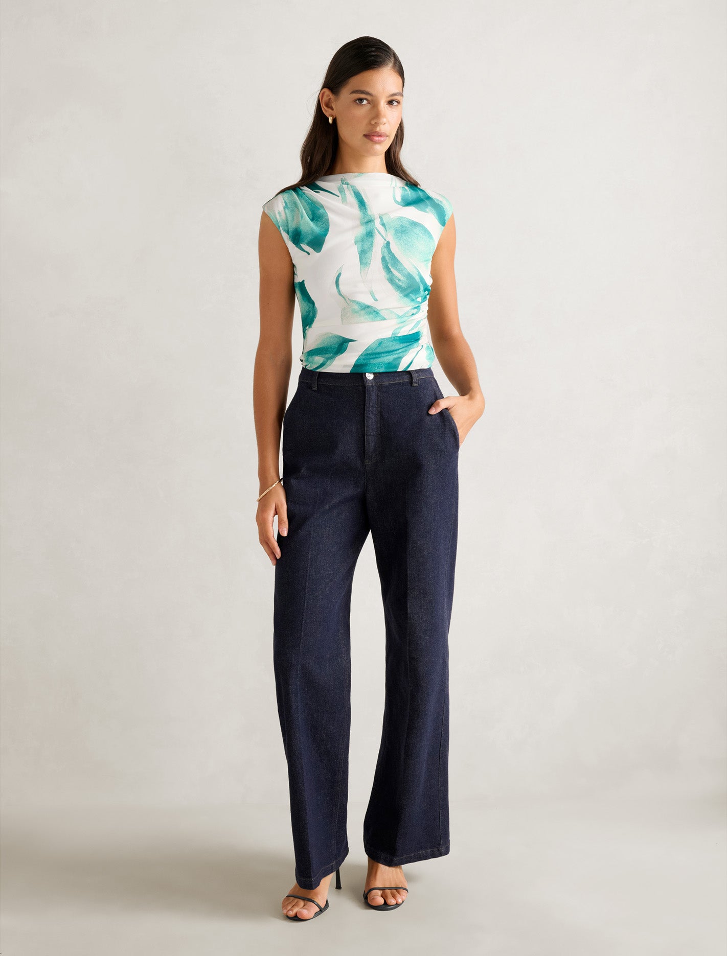 Mel Cap-Sleeve Mesh Top Green Hobson Floral