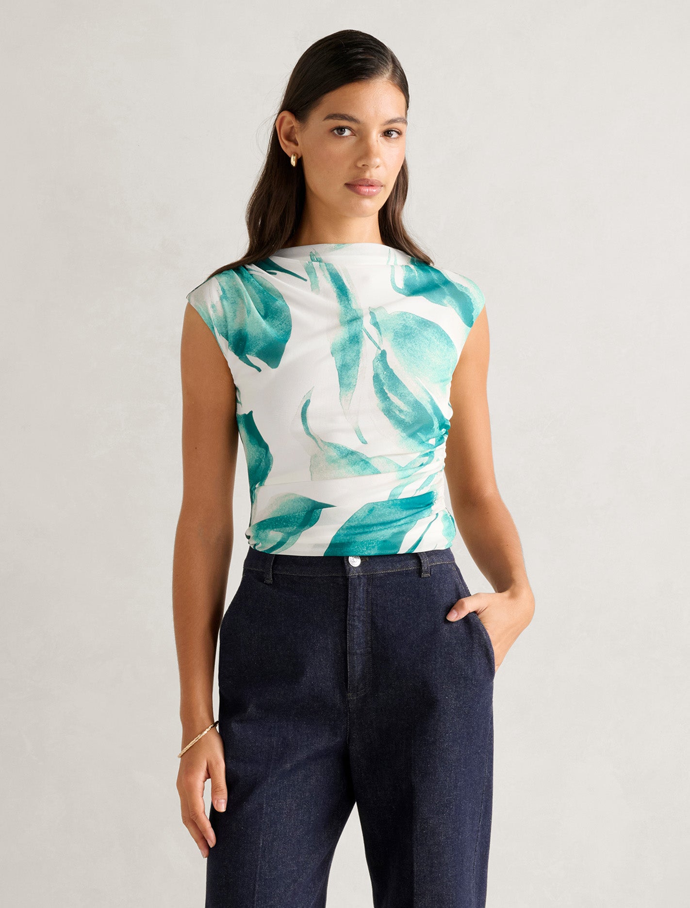 Mel Cap-Sleeve Mesh Top Green Hobson Floral