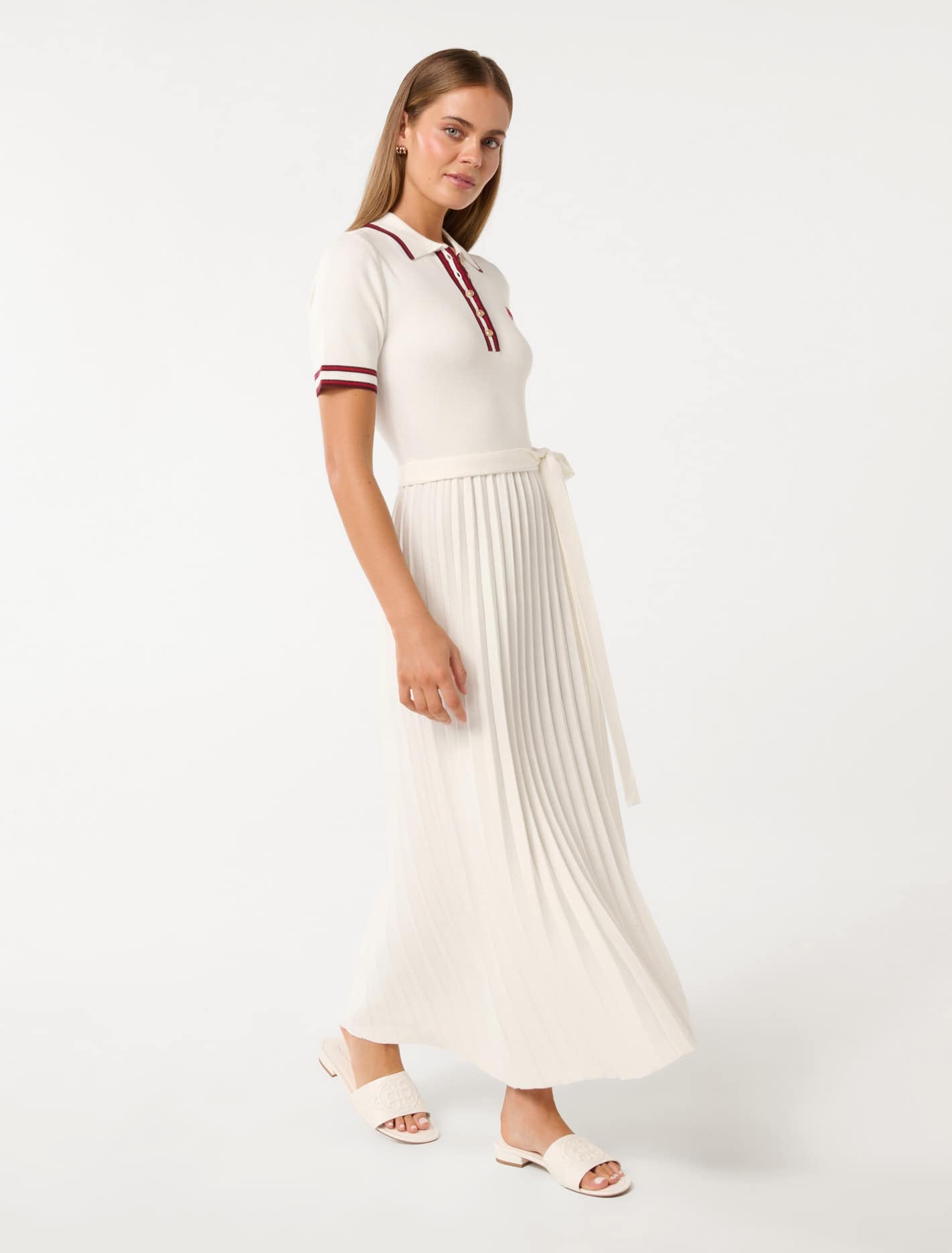 Andie Pleated Midi Dress Porcelain/Red Tipped