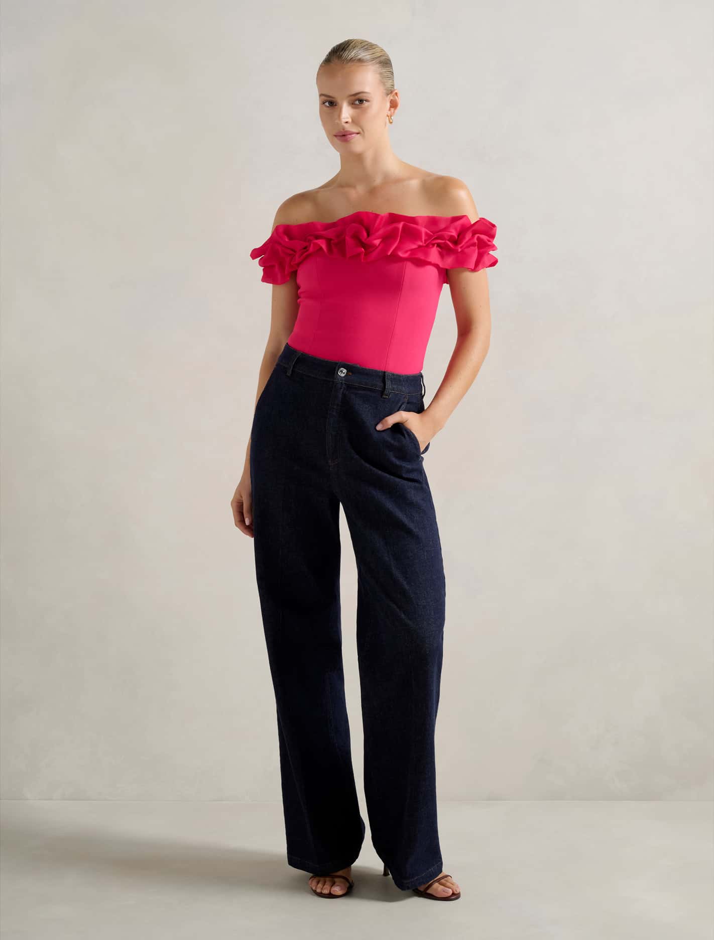 Stephanie Ruffle Off-Shoulder Top Bright Rose