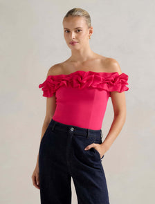 Stephanie Ruffle Off-Shoulder Top Bright Rose