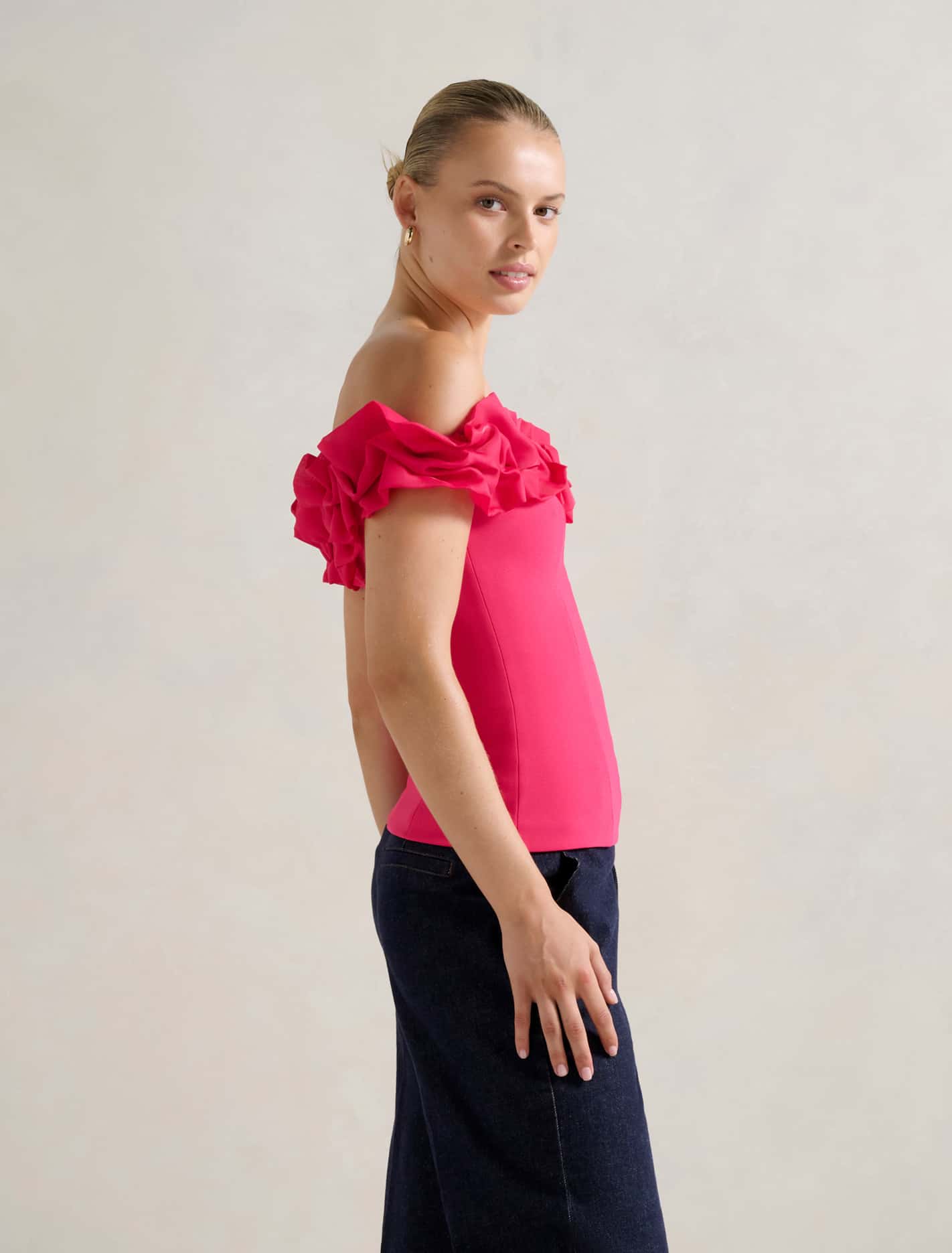 Stephanie Ruffle Off-Shoulder Top Bright Rose