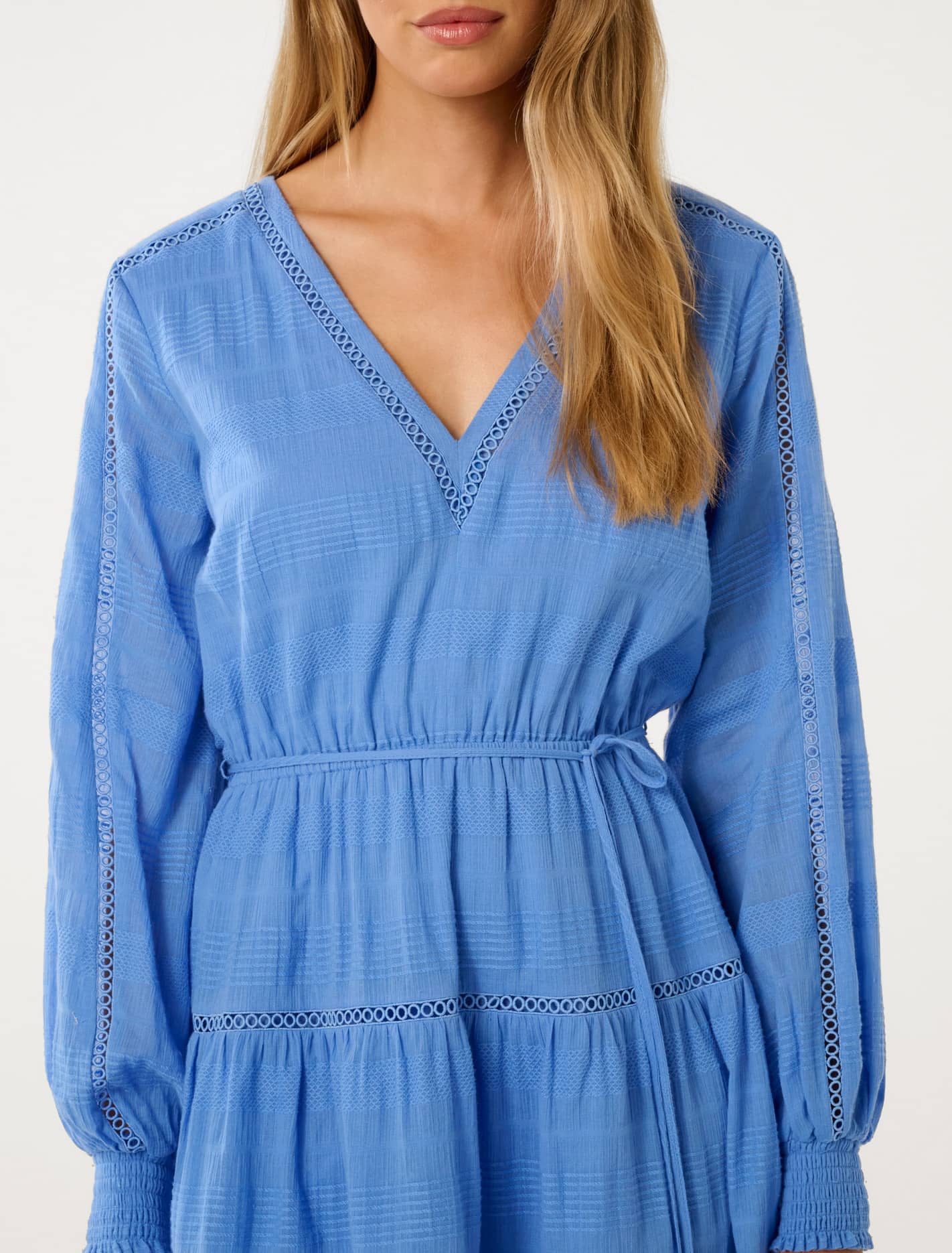 Raini Long-Sleeve Cotton Mini Dress Blue Lake