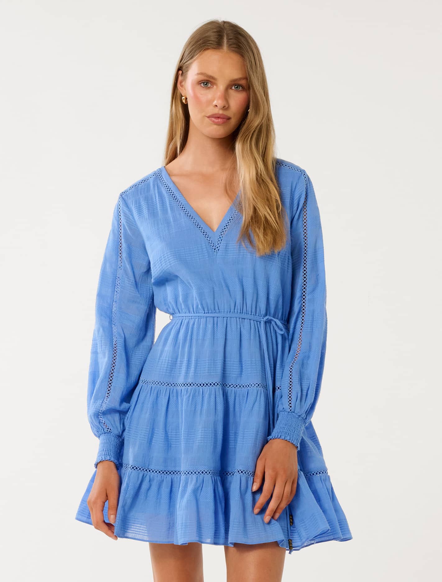 Raini Long-Sleeve Cotton Mini Dress Blue Lake