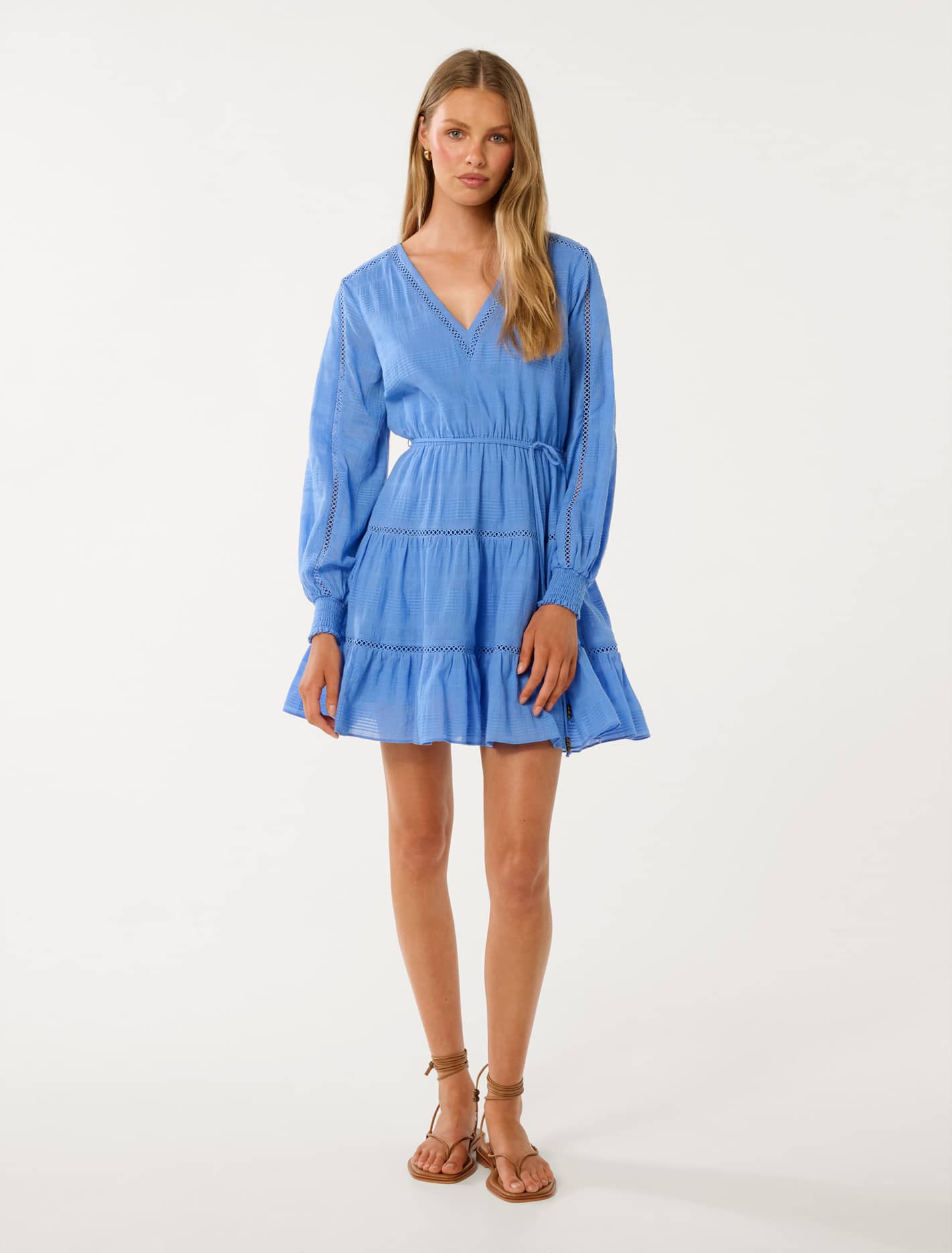 Raini Long-Sleeve Cotton Mini Dress Blue Lake