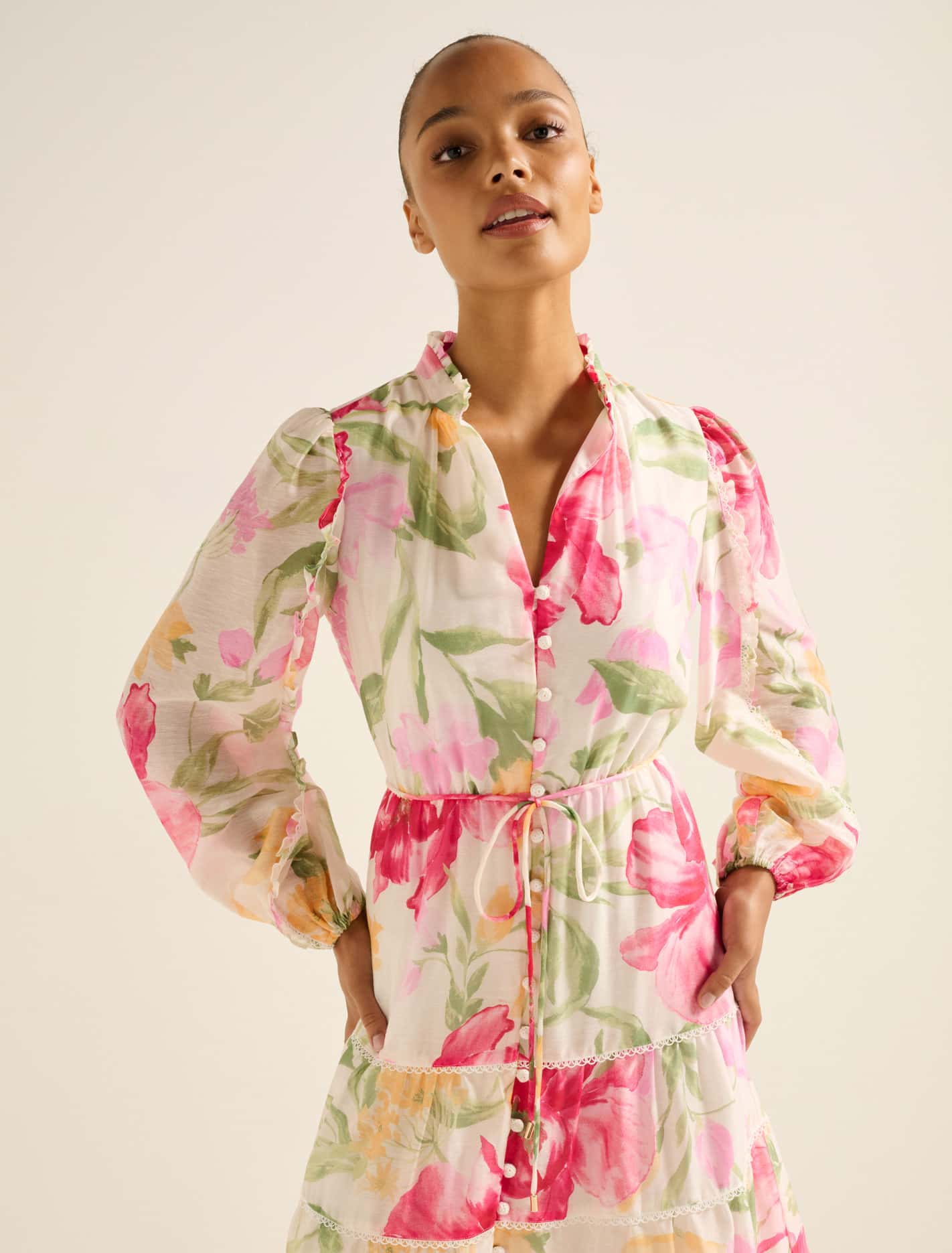 Jessie Button-Down Midi Dress Red Lyell Floral