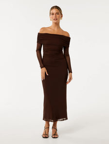 Minnie Petite Bardot Midi Dress Chocolate