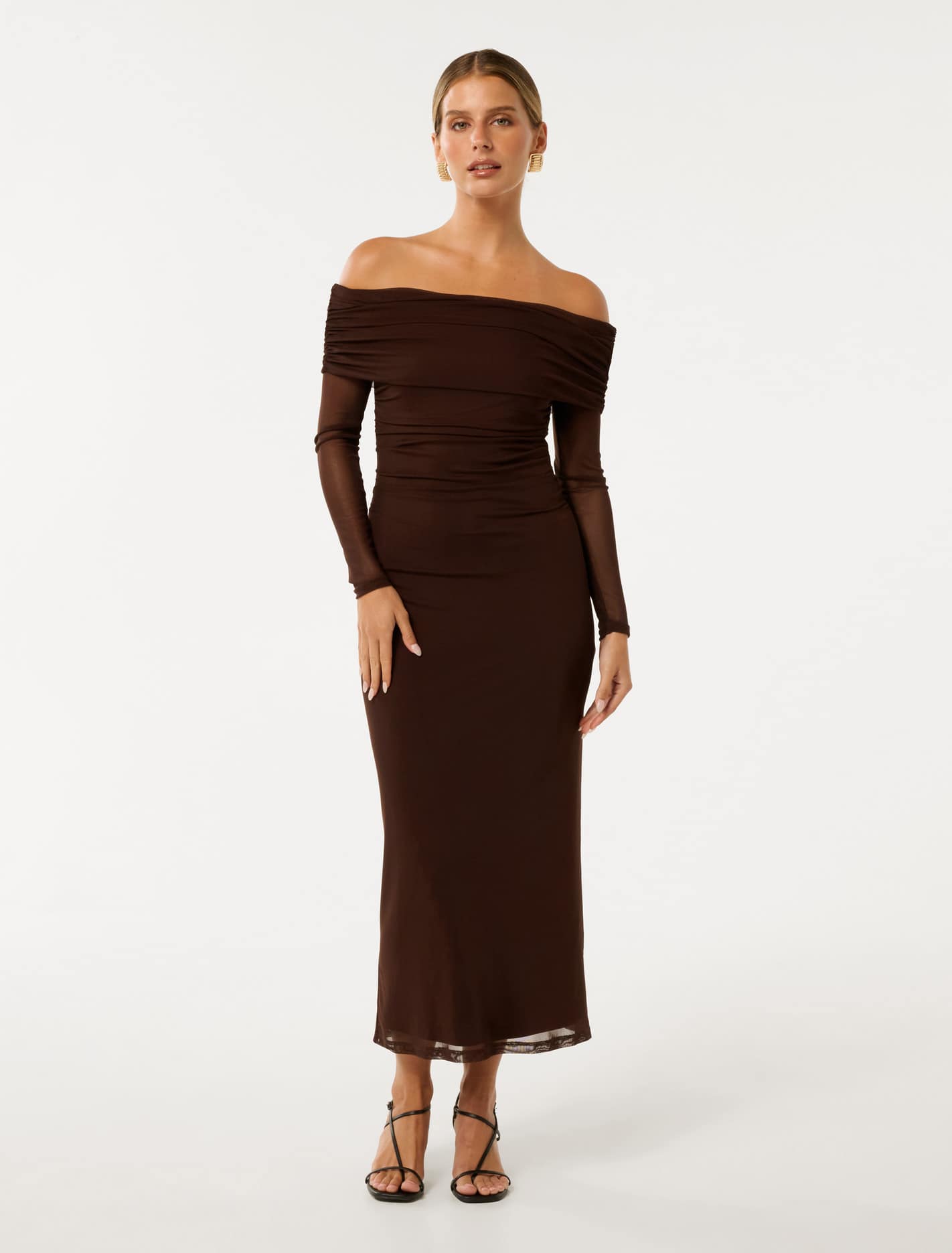 Minnie Petite Bardot Midi Dress Chocolate