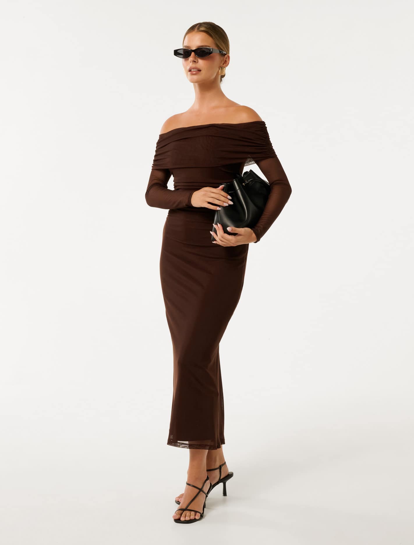 Minnie Petite Bardot Midi Dress Chocolate