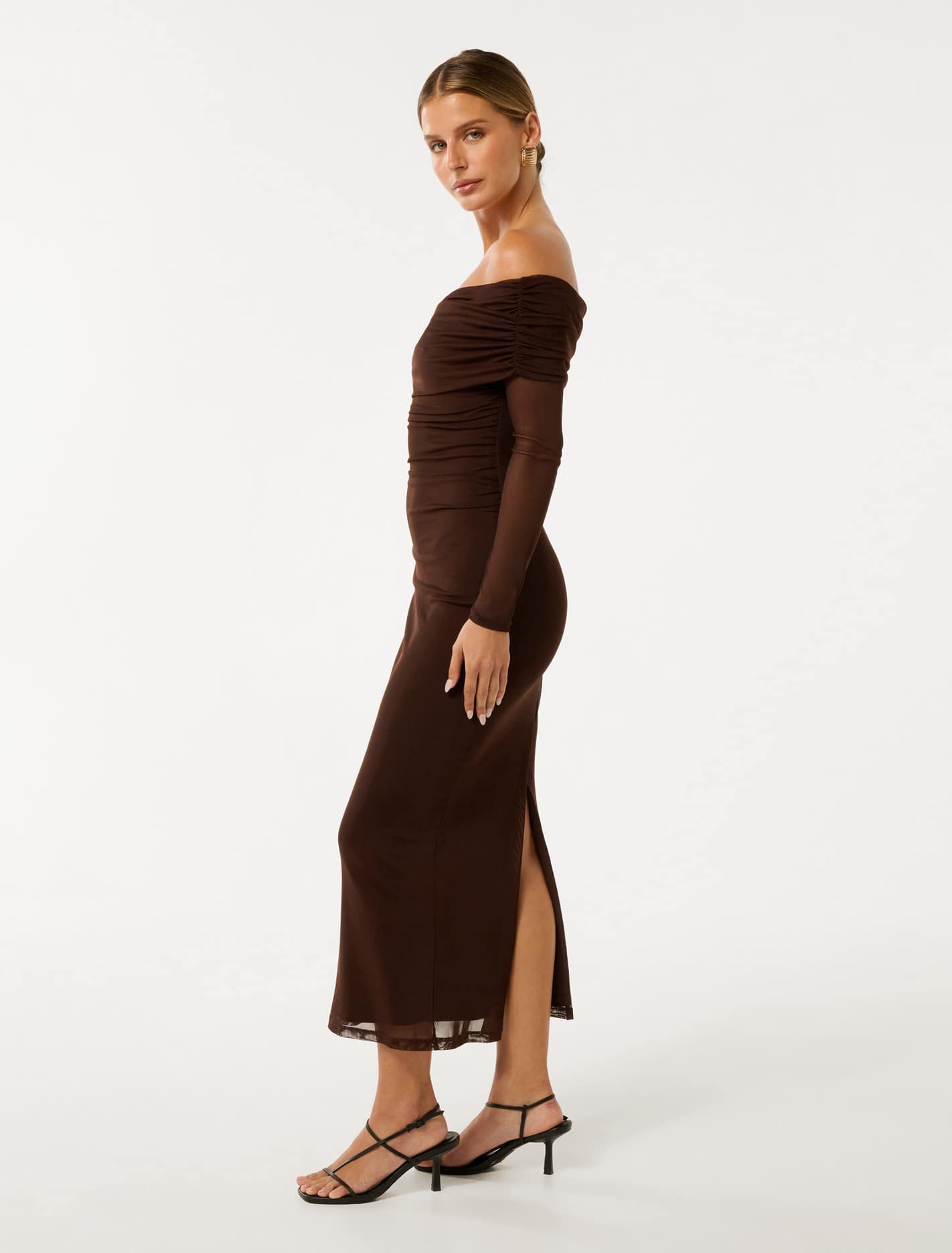 Minnie Petite Bardot Midi Dress Chocolate