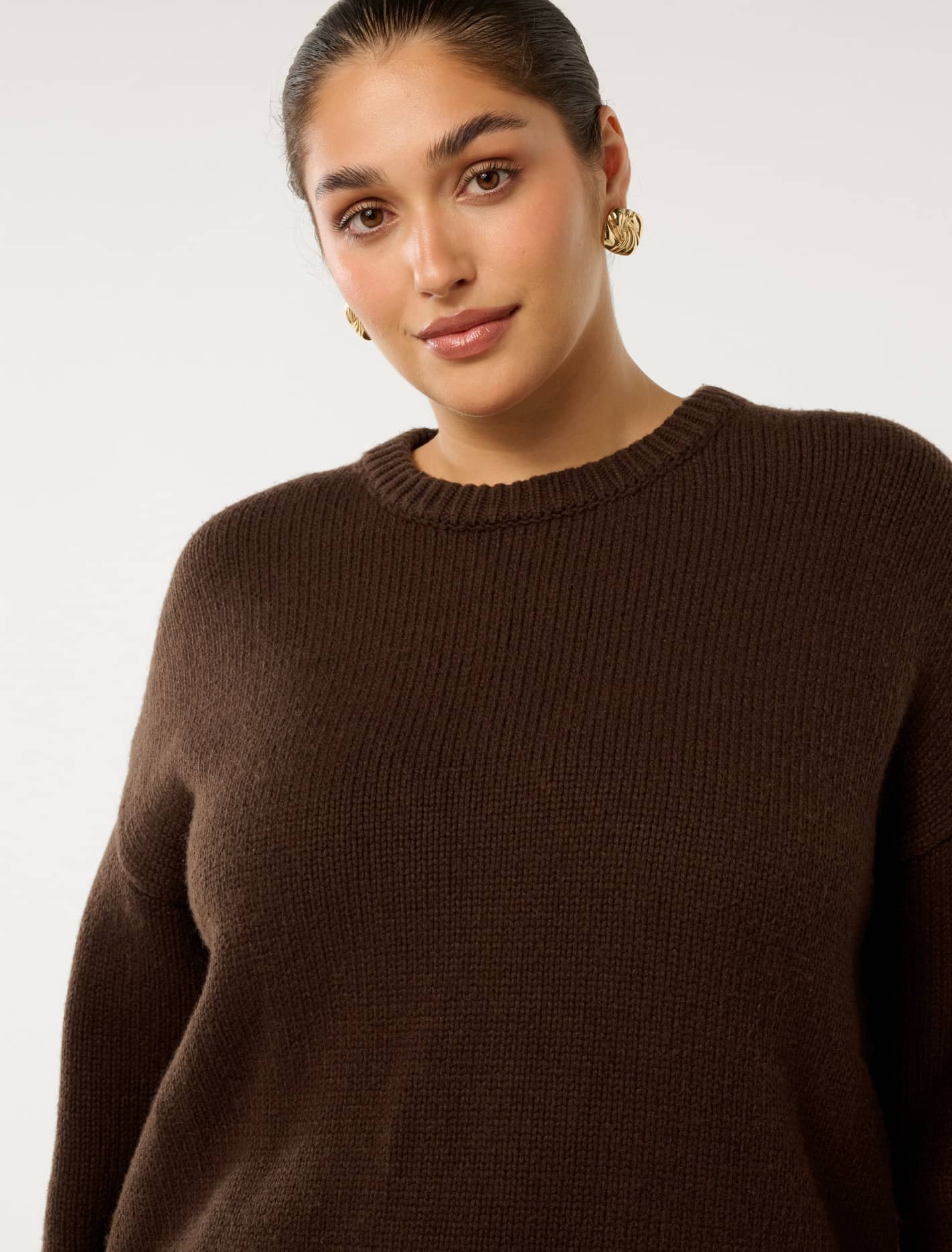 Matilda Curve Knit Crew Neck Sweater Shadow Brown